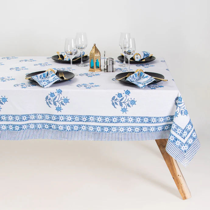 Traditional Sky Blue Boota Floral Block Print Cotton Dining Table Cover